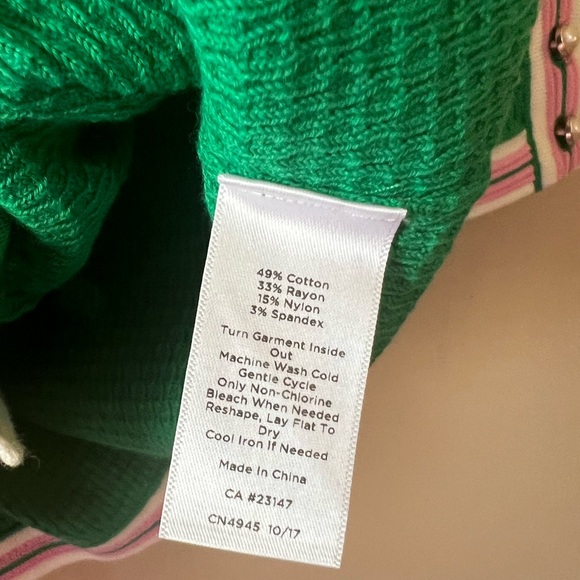 Talbots Kelly Green Sweater Cardigan PinkWhite Trim Pearl Buttons Barbie Core MP - Picture 11 of 14